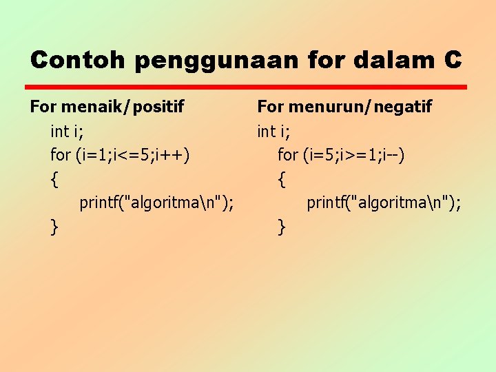 Contoh penggunaan for dalam C For menaik/positif int i; for (i=1; i<=5; i++) {