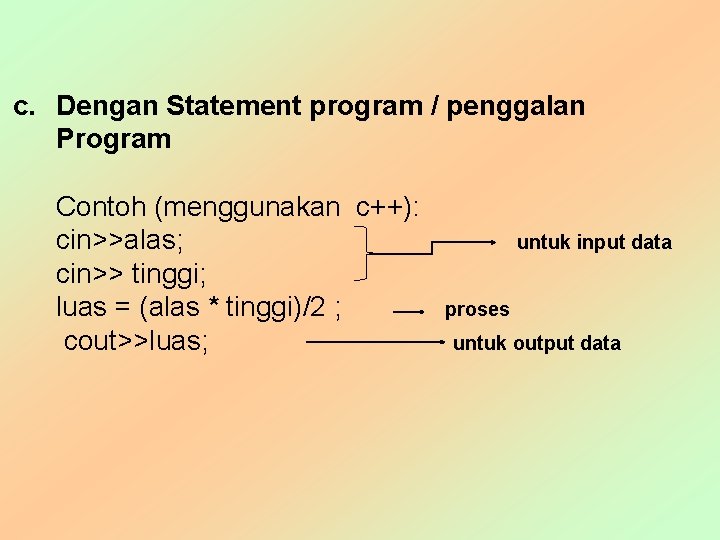 c. Dengan Statement program / penggalan Program Contoh (menggunakan c++): cin>>alas; cin>> tinggi; luas