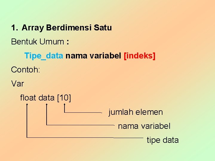 1. Array Berdimensi Satu Bentuk Umum : Tipe_data nama variabel [indeks] Contoh: Var float
