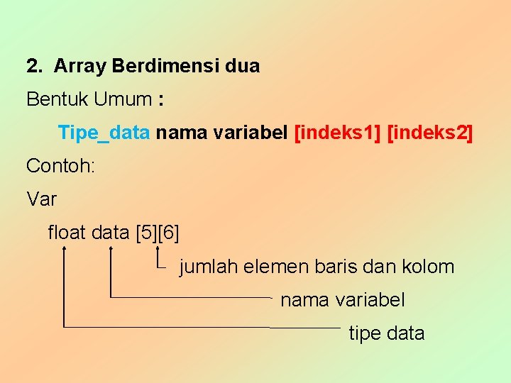 2. Array Berdimensi dua Bentuk Umum : Tipe_data nama variabel [indeks 1] [indeks 2]