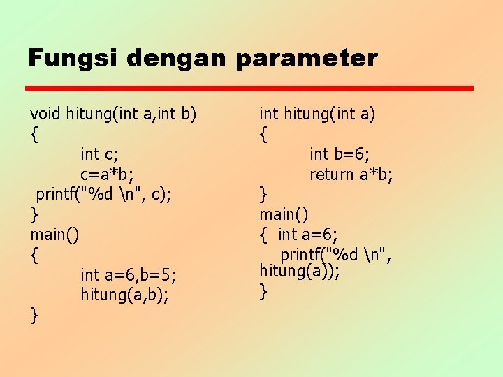 Fungsi dengan parameter void hitung(int a, int b) { int c; c=a*b; printf("%d n",