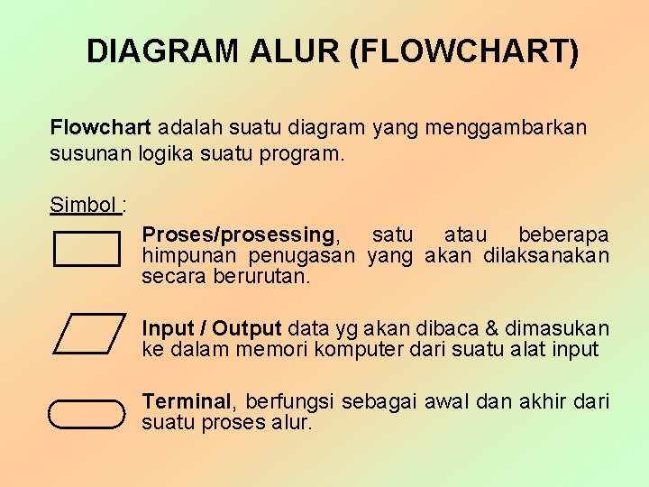 DIAGRAM ALUR (FLOWCHART) Flowchart adalah suatu diagram yang menggambarkan susunan logika suatu program. Simbol