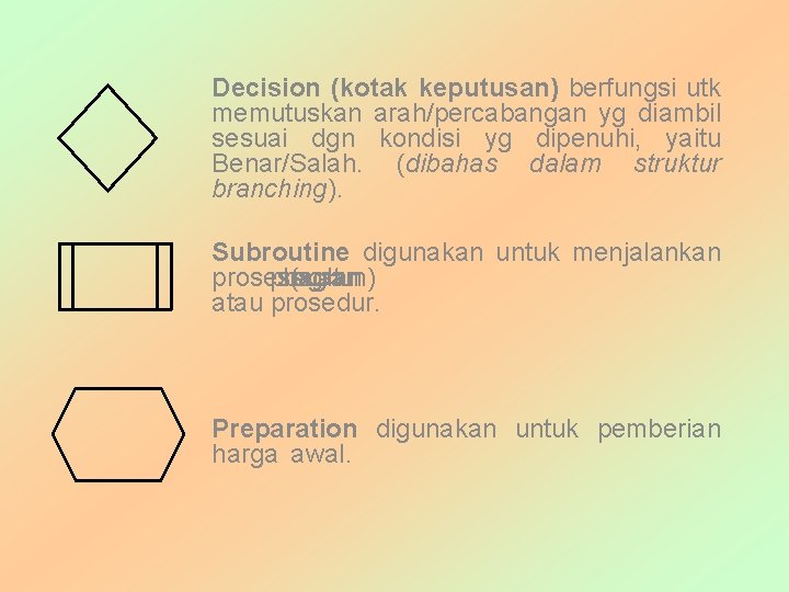 Decision (kotak keputusan) berfungsi utk memutuskan arah/percabangan yg diambil sesuai dgn kondisi yg dipenuhi,