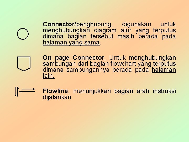 Connector/penghubung, digunakan untuk menghubungkan diagram alur yang terputus dimana bagian tersebut masih berada pada