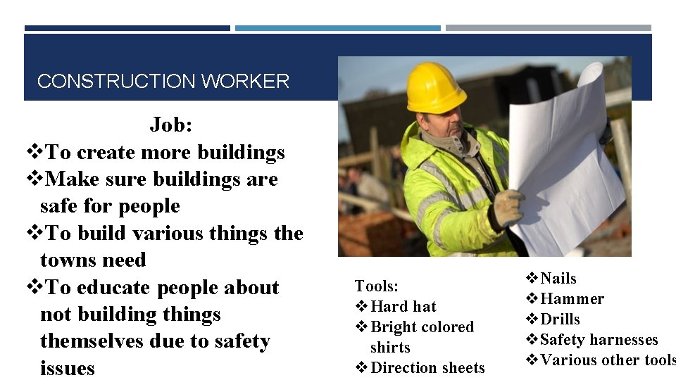 CONSTRUCTION WORKER Job: v. To create more buildings v. Make sure buildings are safe