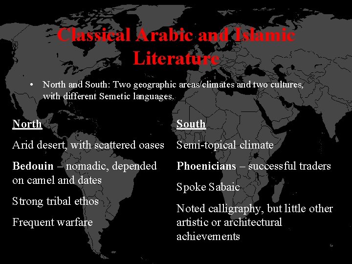 Classical Arabic and Islamic Literature • North and South: Two geographic areas/climates and two