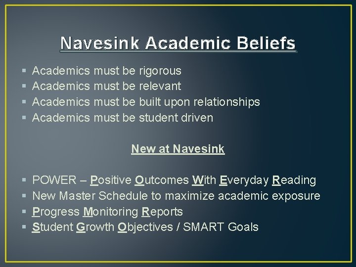 Navesink Academic Beliefs § § Academics must be rigorous Academics must be relevant Academics