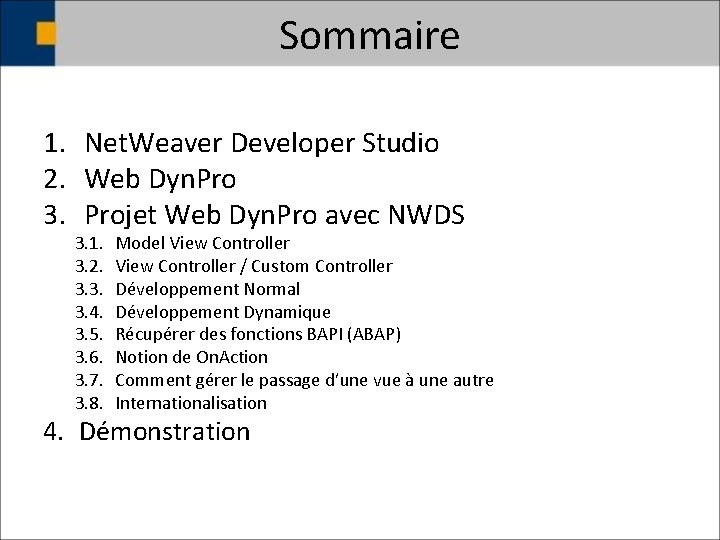 Sommaire 1. Net. Weaver Developer Studio 2. Web Dyn. Pro 3. Projet Web Dyn.