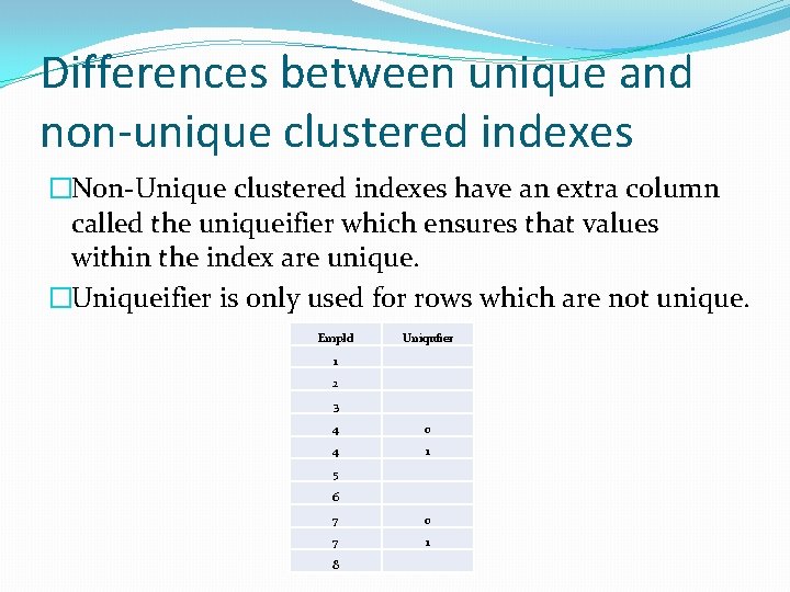 Differences between unique and non-unique clustered indexes �Non-Unique clustered indexes have an extra column