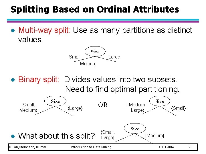 Splitting Based on Ordinal Attributes l Multi-way split: Use as many partitions as distinct