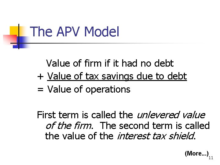 The APV Model Value of firm if it had no debt + Value of