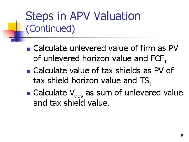 Steps in APV Valuation (Continued) n n n Calculate unlevered value of firm as