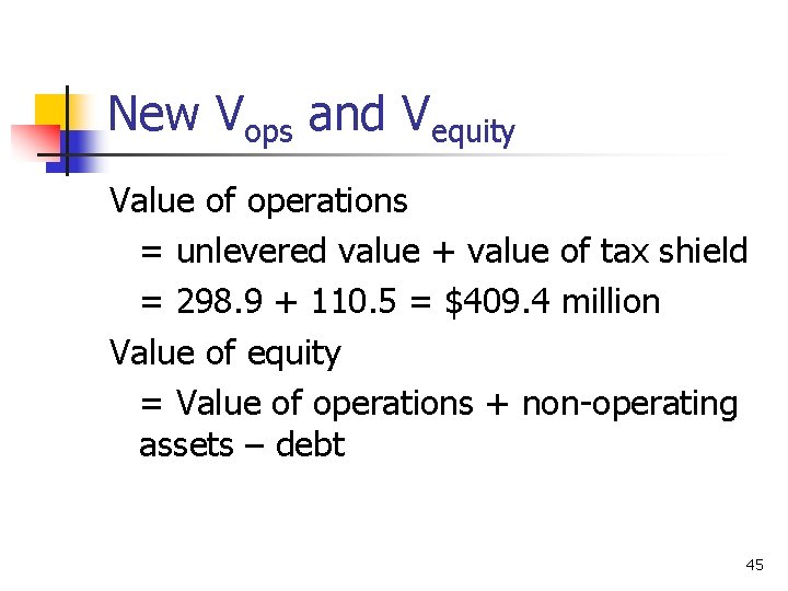 New Vops and Vequity Value of operations = unlevered value + value of tax