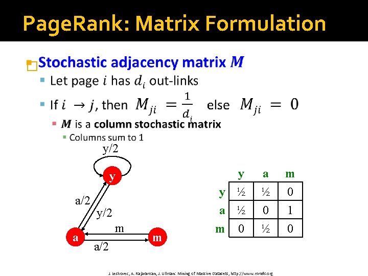 Page. Rank: Matrix Formulation � y/2 y a/2 a y/2 m a/2 m y