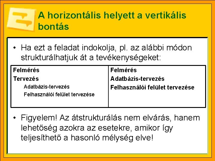 A horizontális helyett a vertikális bontás • Ha ezt a feladat indokolja, pl. az