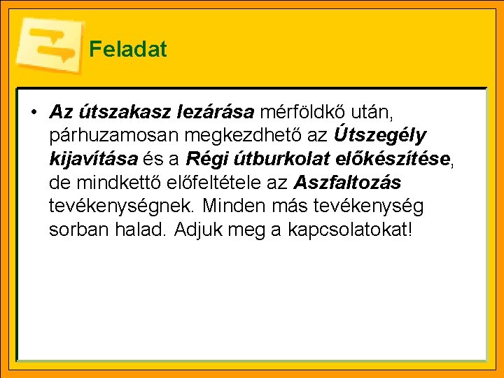 Feladat • Az útszakasz lezárása mérföldkő után, párhuzamosan megkezdhető az Útszegély kijavítása és a