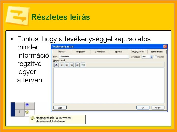 Részletes leírás • Fontos, hogy a tevékenységgel kapcsolatos minden információ rögzítve legyen a terven.