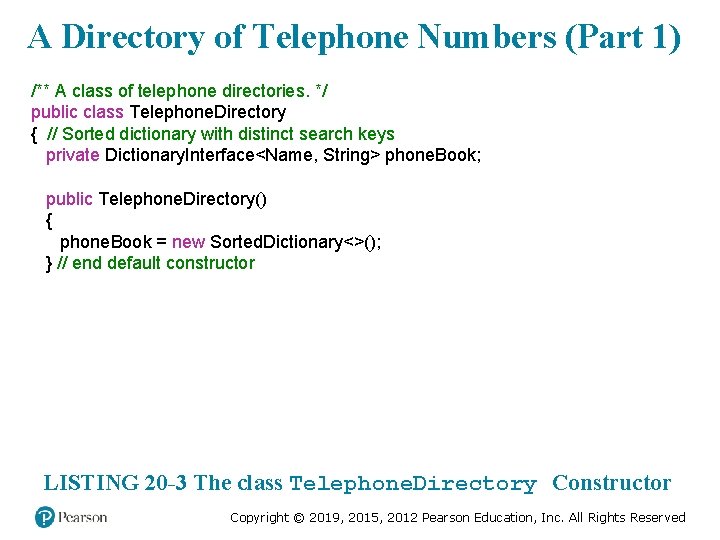 A Directory of Telephone Numbers (Part 1) /** A class of telephone directories. */ A Directory of Telephone Numbers (Part 1) /** A class of telephone directories. */