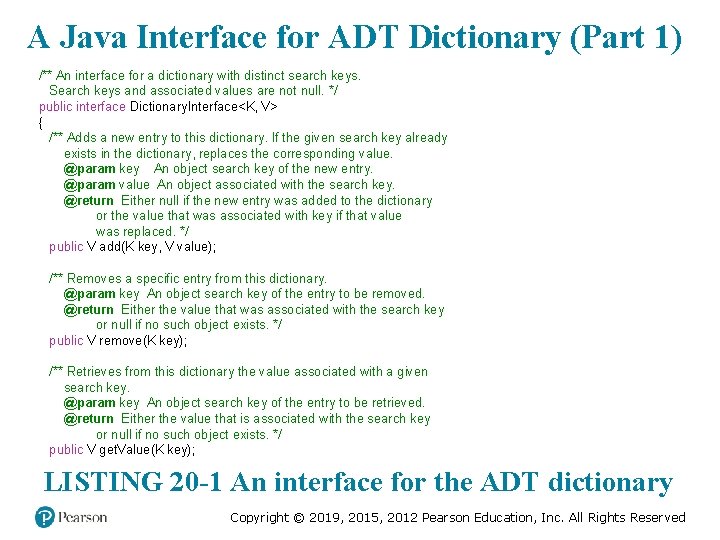 A Java Interface for ADT Dictionary (Part 1) /** An interface for a dictionary A Java Interface for ADT Dictionary (Part 1) /** An interface for a dictionary