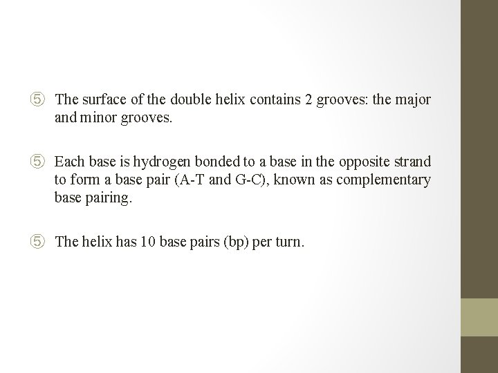 ⑤ The surface of the double helix contains 2 grooves: the major and minor