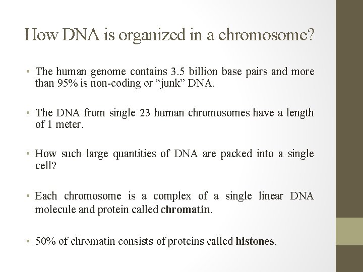 How DNA is organized in a chromosome? • The human genome contains 3. 5