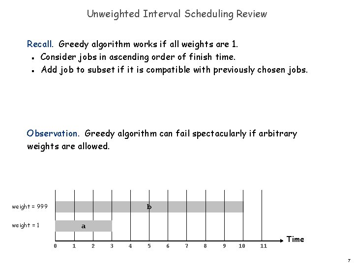 Unweighted Interval Scheduling Review Recall. Greedy algorithm works if all weights are 1. Consider