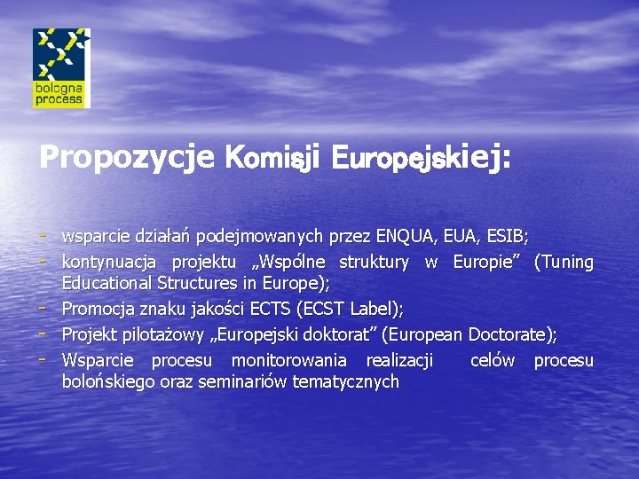 Propozycje Komisji Europejskiej: - wsparcie działań podejmowanych przez ENQUA, ESIB; - kontynuacja projektu „Wspólne