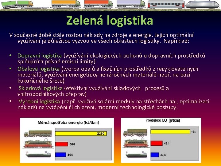 Zelená logistika V současné době stále rostou náklady na zdroje a energie. Jejich optimální