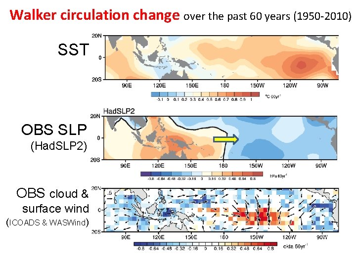 Walker circulation change over the past 60 years (1950 -2010) SST OBS SLP (Had.