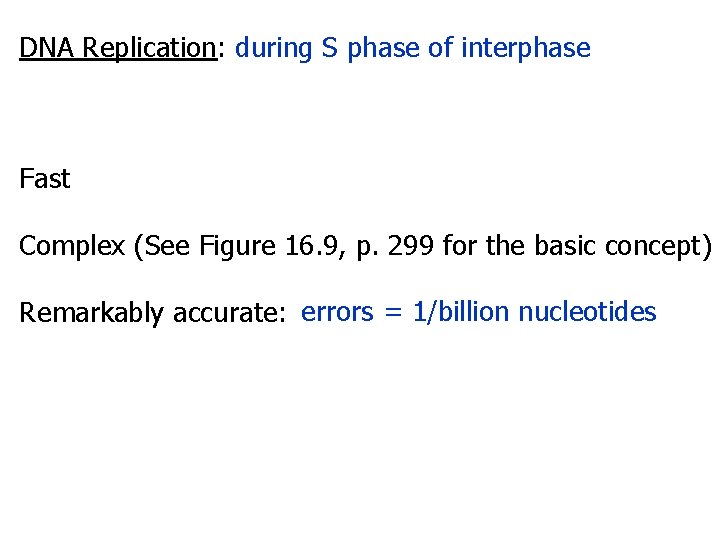 DNA Replication: during S phase of interphase Fast Complex (See Figure 16. 9, p.