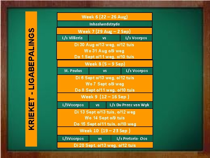 Week 6 (22 – 26 Aug) KRIEKET - LIGABEPALINGS Inhaalwedstryde Week 7 (29 Aug