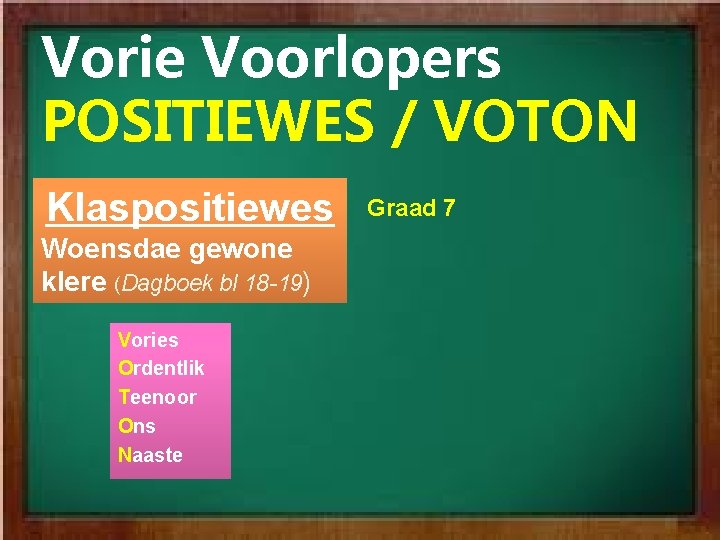 Vorie Voorlopers POSITIEWES / VOTON Klaspositiewes Woensdae gewone klere (Dagboek bl 18 -19) Vories