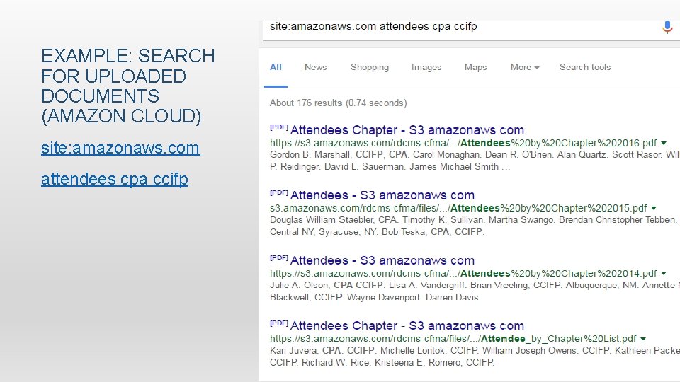 EXAMPLE: SEARCH FOR UPLOADED DOCUMENTS (AMAZON CLOUD) site: amazonaws. com attendees cpa ccifp 25