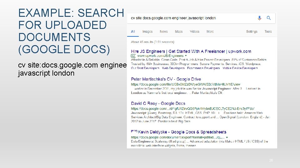 EXAMPLE: SEARCH FOR UPLOADED DOCUMENTS (GOOGLE DOCS) cv site: docs. google. com engineer javascript