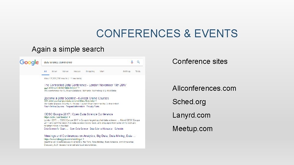 CONFERENCES & EVENTS Again a simple search Conference sites Allconferences. com Sched. org Lanyrd.