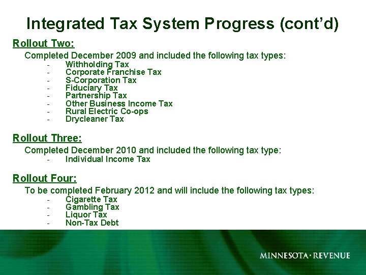 Integrated Tax System Progress (cont’d) Rollout Two: Completed December 2009 and included the following