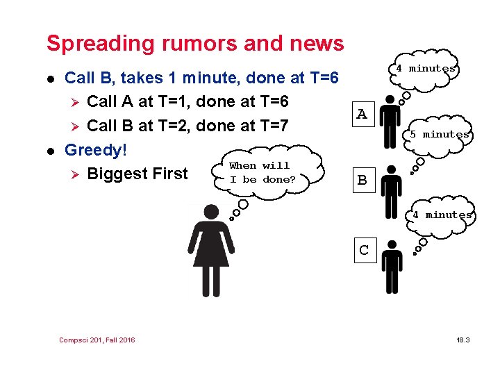 Spreading rumors and news l l Call B, takes 1 minute, done at T=6