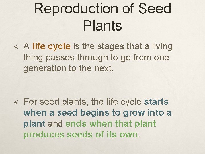 Reproduction of Seed Plants A life cycle is the stages that a living thing