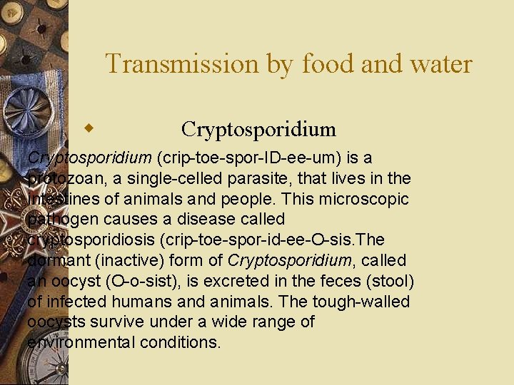 Transmission by food and water w Cryptosporidium (crip-toe-spor-ID-ee-um) is a protozoan, a single-celled parasite,