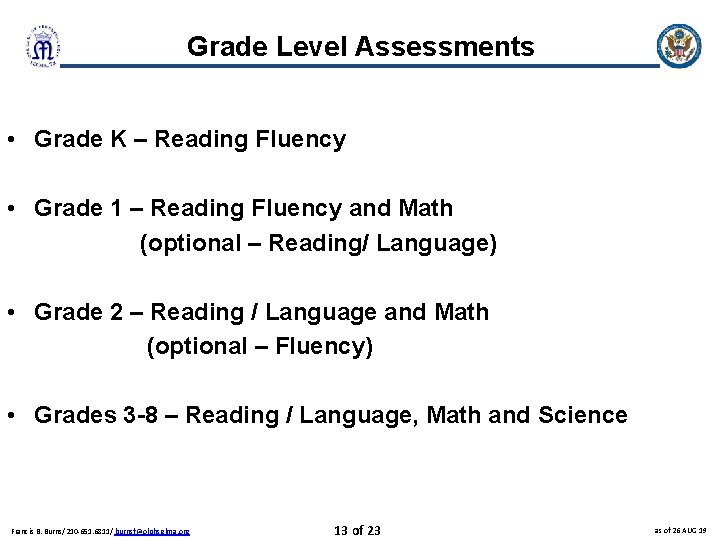 Grade Level Assessments • Grade K – Reading Fluency • Grade 1 – Reading