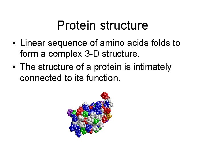 Protein structure • Linear sequence of amino acids folds to form a complex 3