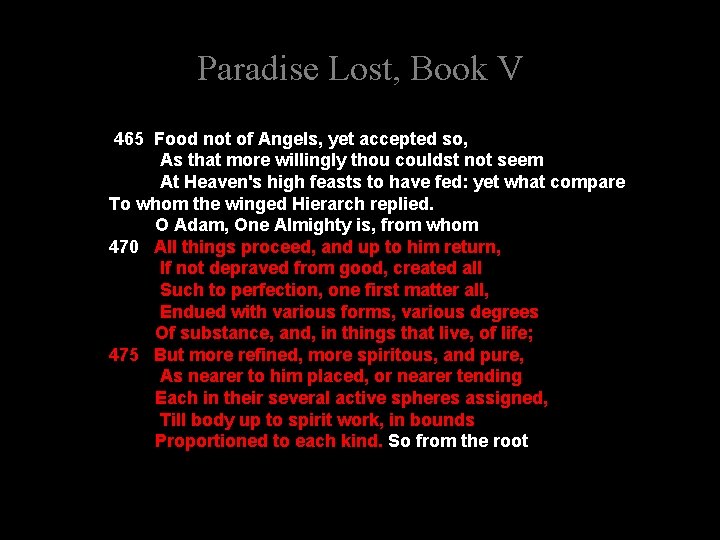 Paradise Lost, Book V 465 Food not of Angels, yet accepted so, As that