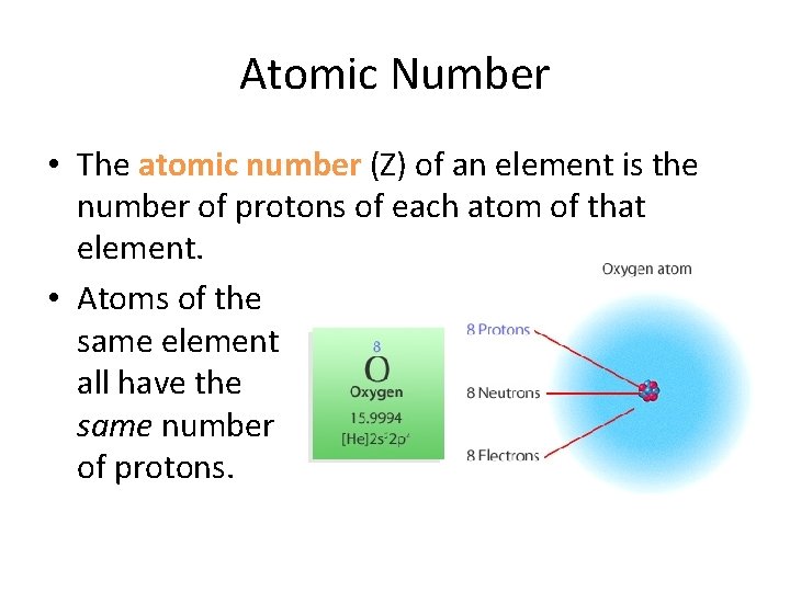 Atomic Number • The atomic number (Z) of an element is the number of