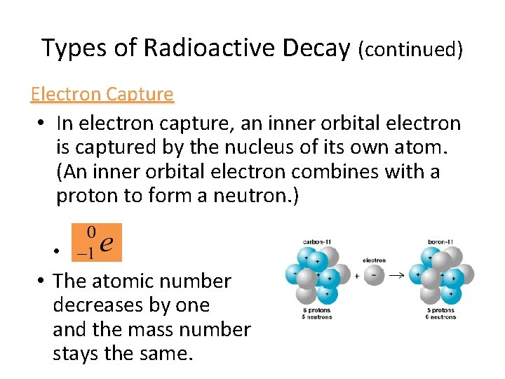Types of Radioactive Decay (continued) Electron Capture • In electron capture, an inner orbital