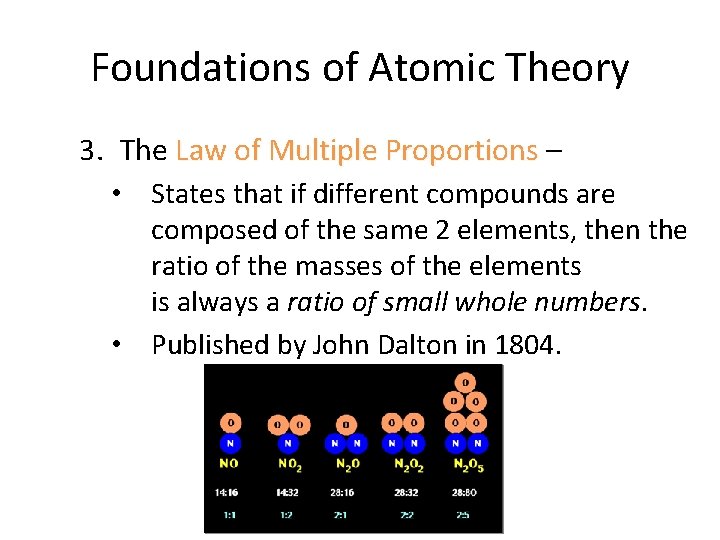 Foundations of Atomic Theory 3. The Law of Multiple Proportions – • States that