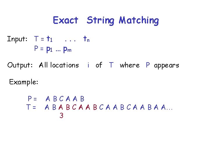 Exact String Matching Input: T = t 1. . . P = p 1