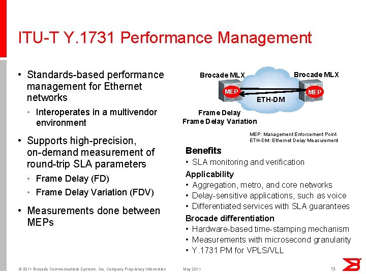 ITU-T Y. 1731 Performance Management • Standards-based performance management for Ethernet networks • Interoperates