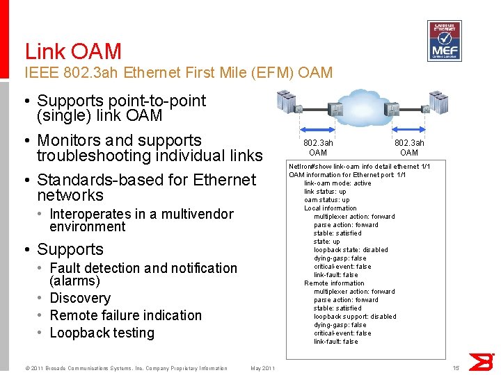 Link OAM IEEE 802. 3 ah Ethernet First Mile (EFM) OAM • Supports point-to-point