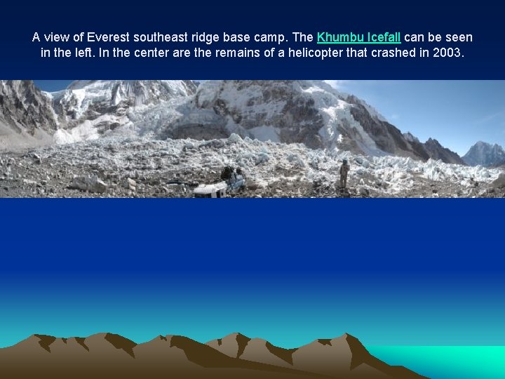 A view of Everest southeast ridge base camp. The Khumbu Icefall can be seen