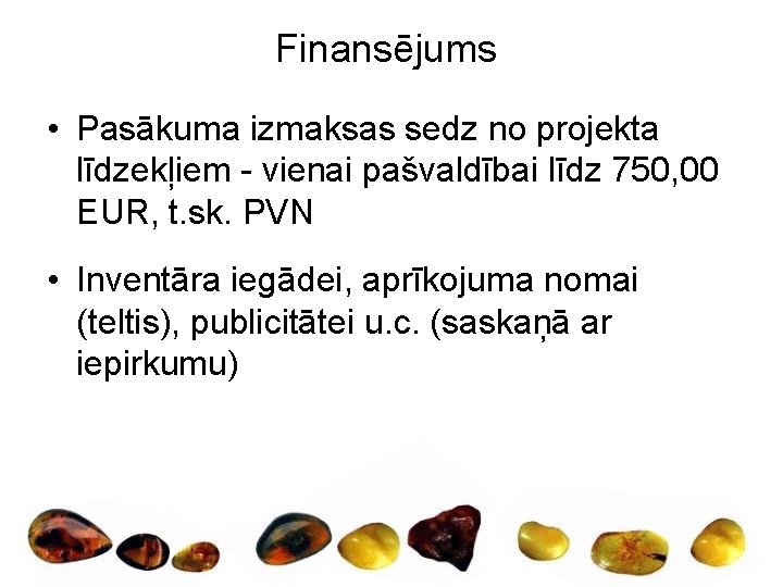 Finansējums • Pasākuma izmaksas sedz no projekta līdzekļiem - vienai pašvaldībai līdz 750, 00